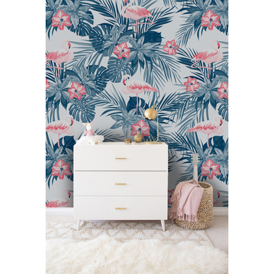 Wallpaper Flamingos In Tropical Leaves