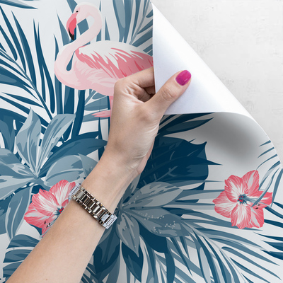 Wallpaper Flamingos In Tropical Leaves