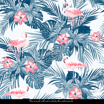 Wallpaper Flamingos In Tropical Leaves