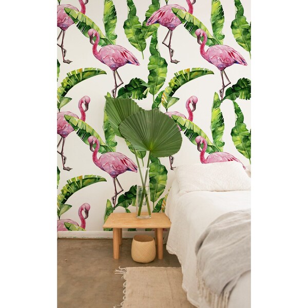 Flamingos Among Leaves Wallpaper, wall mural 