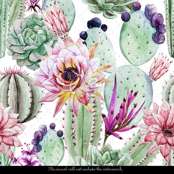 Wallpaper Watercolor Cactus Flowers