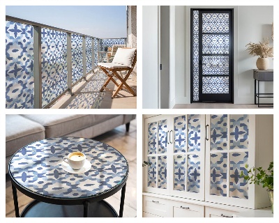 Frosted window film with stained glass pattern Blue mosaic