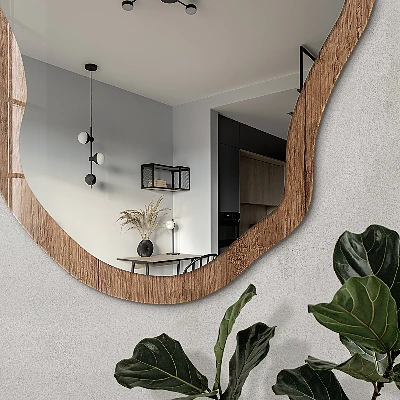 Asymmetric mirror with printed frame Wooden texture