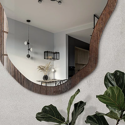 Asymmetric mirror with printed frame Rustic wood