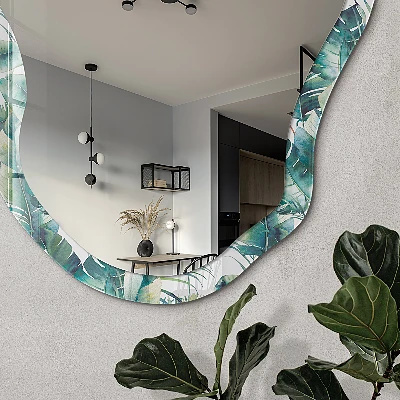 Asymmetric mirror with printed frame Tropical leaves