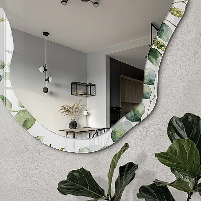 Irregular mirror with printed frame Green eucalyptus