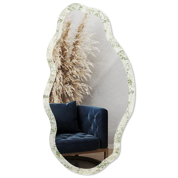 Asymmetric mirror with printed frame Green herbs