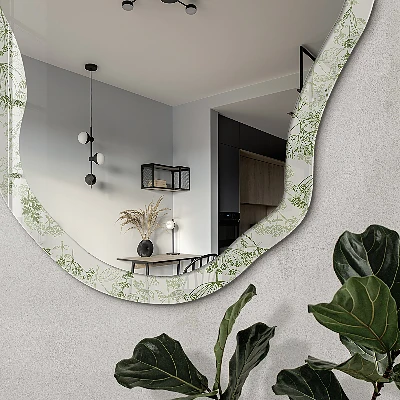 Asymmetric mirror with printed frame Green herbs