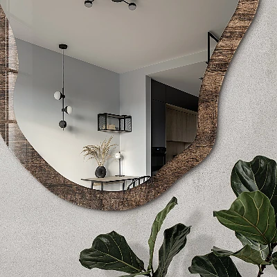Asymmetric mirror with printed frame Wooden texture