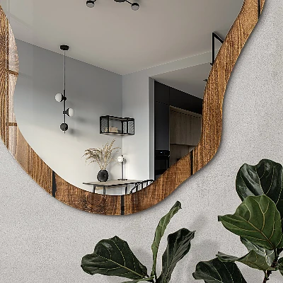 Asymmetric mirror with printed frame Wooden texture