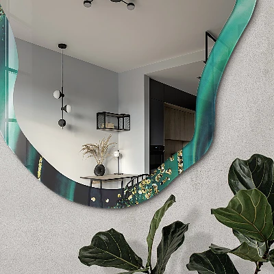 Irregular mirror with printed frame Green abstraction