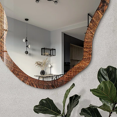 Asymmetric mirror with printed frame Wood structure