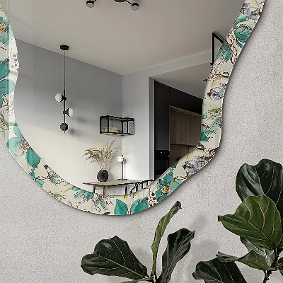 Irregular mirror with printed frame Flowers birds