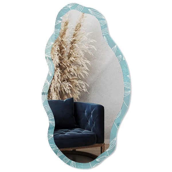 Irregular mirror with printed frame Turquoise leaves