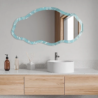 Irregular mirror with printed frame Turquoise leaves