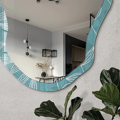 Irregular mirror with printed frame Turquoise leaves