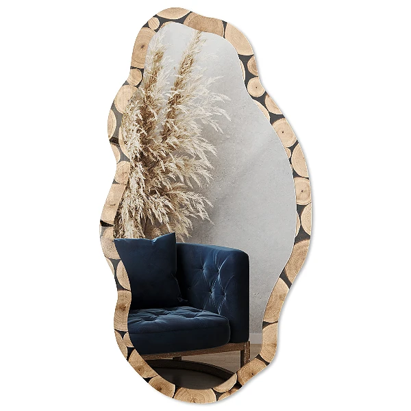 Irregular mirror with printed frame Wood circles
