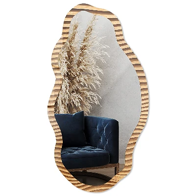Irregular mirror with printed frame Wooden waves