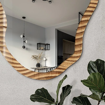 Irregular mirror with printed frame Wooden waves