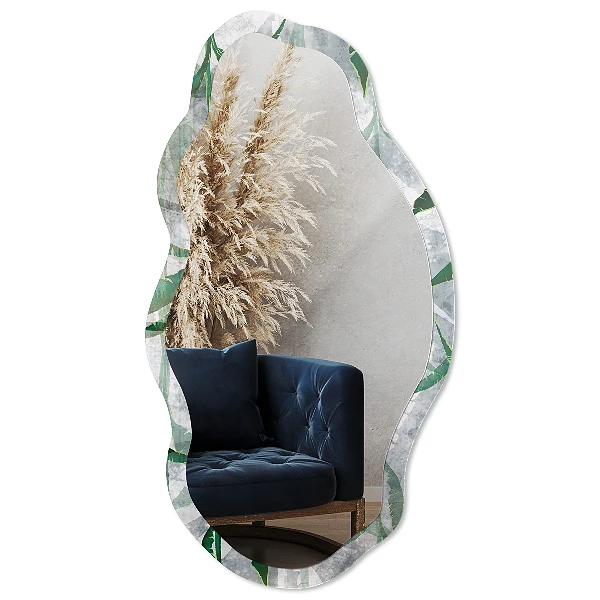 Irregular mirror with printed frame Green leaves