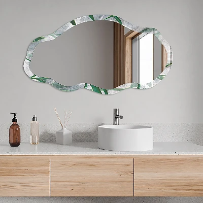 Irregular mirror with printed frame Green leaves