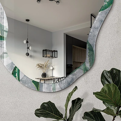 Irregular mirror with printed frame Green leaves