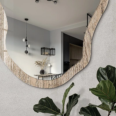 Irregular mirror with printed frame Wood texture