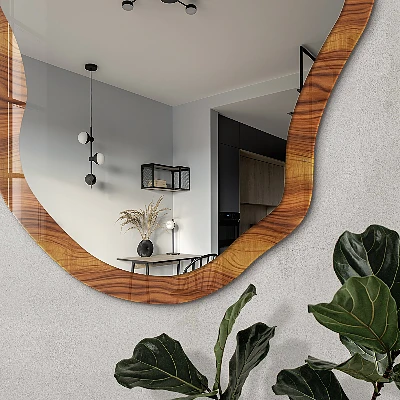 Irregular mirror with printed frame Wooden waves