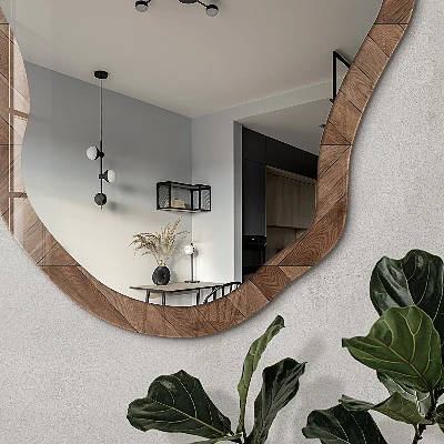 Asymmetric mirror with printed frame Wooden pattern