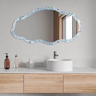 Asymmetric mirror with printed frame Blue tiles