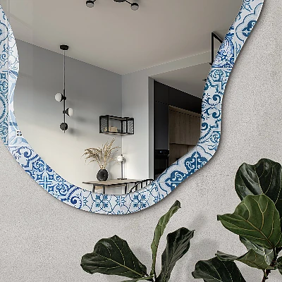 Asymmetric mirror with printed frame Blue tiles