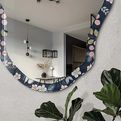 Asymmetric mirror with printed frame Floral wallpaper