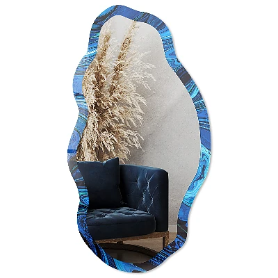 Irregular mirror with printed frame Blue abstraction