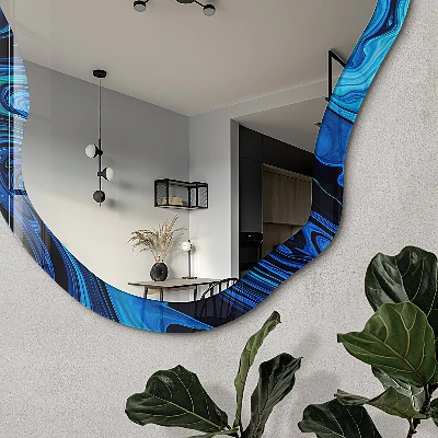 Irregular mirror with printed frame Blue abstraction