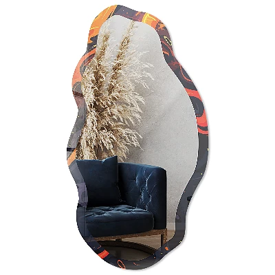 Irregular mirror with printed frame Fiery abstraction