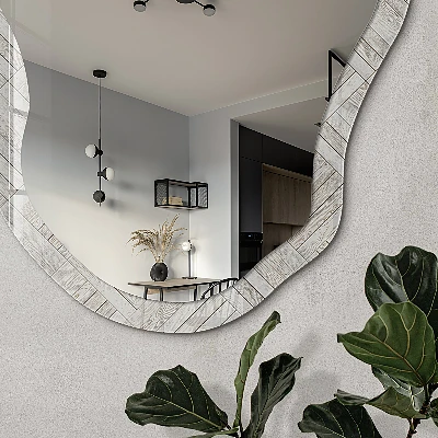 Irregular mirror with printed frame Wooden mosaic