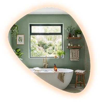 Irregular egg-shaped wall-mounted mirror with LED backlighting