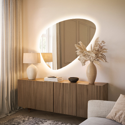 Irregular egg-shaped wall-mounted mirror with LED backlighting