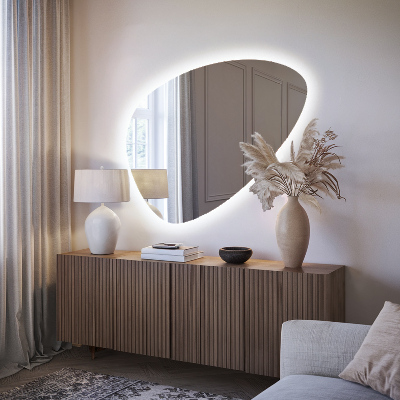 Irregular egg-shaped wall-mounted mirror with LED backlighting