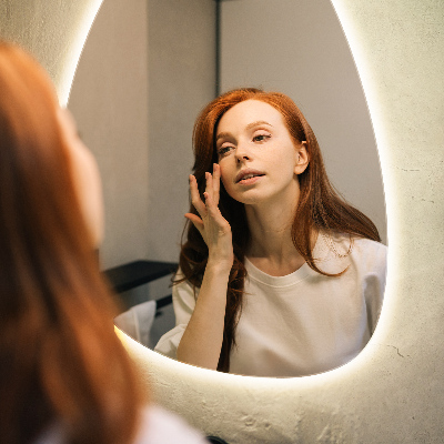 Irregular egg-shaped wall-mounted mirror with LED backlighting