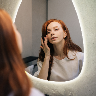 Irregular egg-shaped wall-mounted mirror with LED backlighting