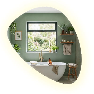 Irregular egg-shaped wall-mounted mirror with LED backlighting