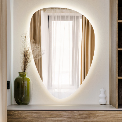 Irregular egg-shaped wall-mounted mirror with LED backlighting
