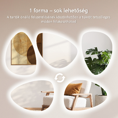 Irregular egg-shaped wall-mounted mirror with LED backlighting