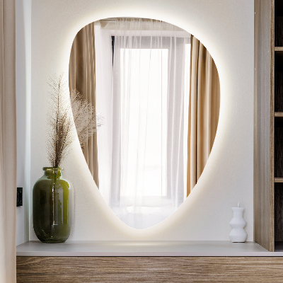Irregular egg-shaped wall-mounted mirror with LED backlighting