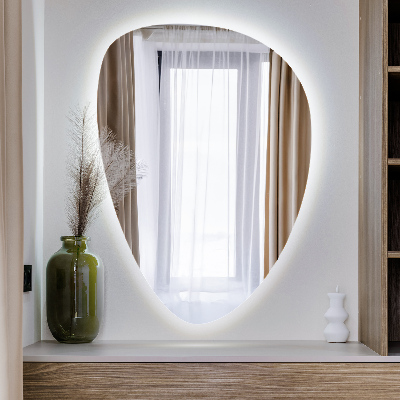 Irregular egg-shaped wall-mounted mirror with LED backlighting