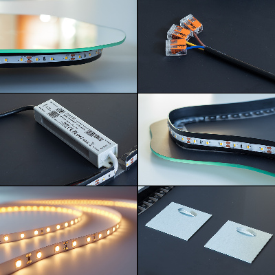Irregular egg-shaped wall-mounted mirror with LED backlighting