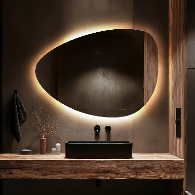 Irregular egg-shaped wall-mounted mirror with LED backlighting