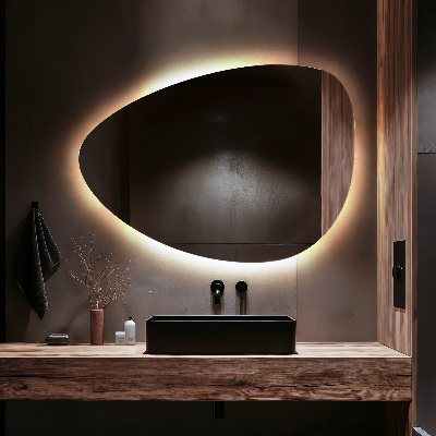 Irregular egg-shaped wall-mounted mirror with LED backlighting