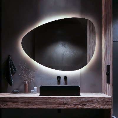 Irregular egg-shaped wall-mounted mirror with LED backlighting